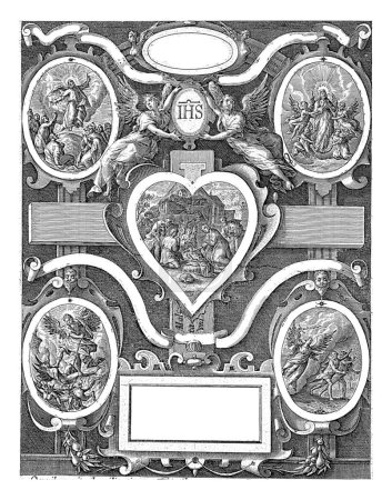 Téléchargez les photos : Allégorie du Sacré-Cœur du Christ, Crispijn van de Passe (I), d'après Joachimus Junius, 1574 - 1637 Scène allégorique avec diverses scènes bibliques présentant la venue du Christ. - en image libre de droit