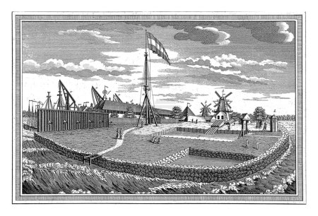 Téléchargez les photos : Vue d'Onrust, Jacob van der Schley, 1747 - 1779 Vue de l'île d'Onrust avec deux moulins à vent, divers bâtiments et un mât avec le drapeau néerlandais flottant. - en image libre de droit