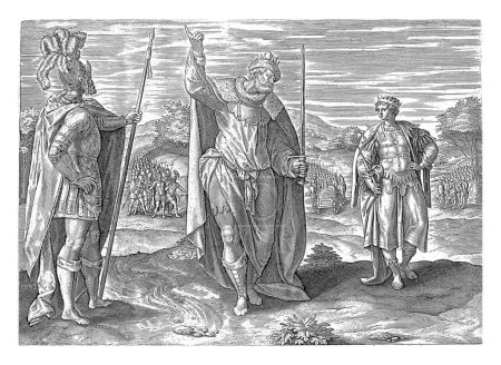 Foto de Joacaz, Joacim, y Joaquín, Maerten de Vos, 1643 Los reyes Joacaz, Lanza en la mano, Joacim, Espada en la mano, y el joven rey Joaquín. - Imagen libre de derechos