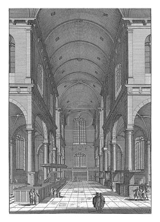 Photo for Interior of the Westerkerk in Amsterdam, looking east, Jan Goeree, 1680 - 1731 The eastern interior of the Westerkerk. Churchgoers in the foreground. The print has a Dutch caption. - Royalty Free Image