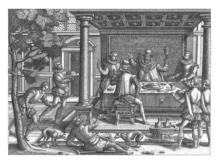 Téléchargez les photos : Lazare mendiant à la fête de l'homme riche, anonyme, Pieter van der Borcht (I), c. 1575 - c. 1599 L'homme riche, avec deux dames et un gentleman, assis à un banquet. - en image libre de droit