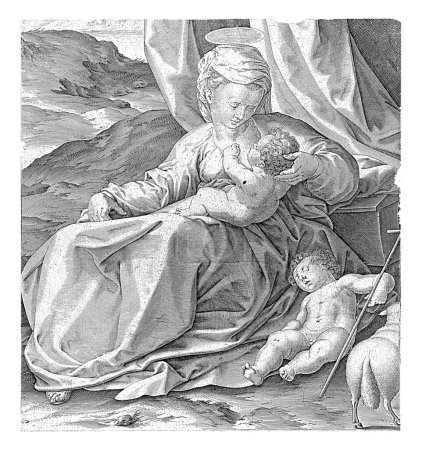 Photo for Mary with the Christ Child and the Young John the Baptist, Antonie Wierix (II), after Luca Cambiaso, 1588 Mary sits with the Christ Child on her lap by a tree. - Royalty Free Image