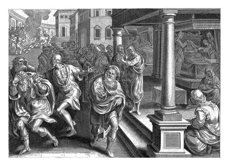 Photo for Paul and the exorcists of Ephesus, after Philips Galle, after Jan van der Straet, 1646 Jewish exorcists, following Paul, try to exorcise an evil spirit from a possessed man, but the man attacks them. - Royalty Free Image
