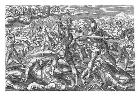 Foto de Cinco jinetes celestiales luchan contra Timoteo, Johannes Wierix, después de Gerard van Groeningen, 1579 El ejército de Timoteo marcha contra Judea y lucha contra los judíos. - Imagen libre de derechos