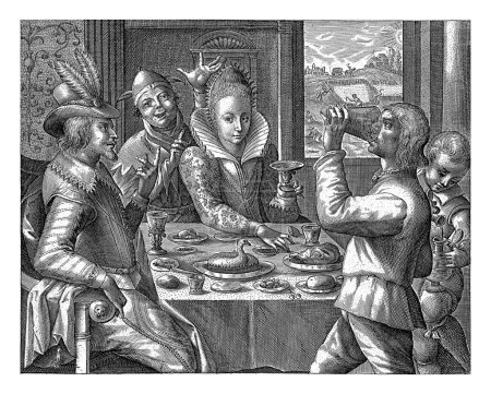 Foto de Tarde: Pareja en la comida, Crispijn van de Passe (I) (atribuido a), después de Crispijn van de Passe (I), 1574 - 1637 La tarde: interior con una pareja elegantemente vestida cenando en una mesa ricamente llena. - Imagen libre de derechos