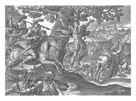 Téléchargez les photos : Mort d'Absalom, Johannes Wierix, d'après Maerten de Vos, 1585 Joab jette sa lance dans la poitrine d'Absalom, qui est toujours vivant dans l'arbre où ses cheveux se sont emmêlés. - en image libre de droit