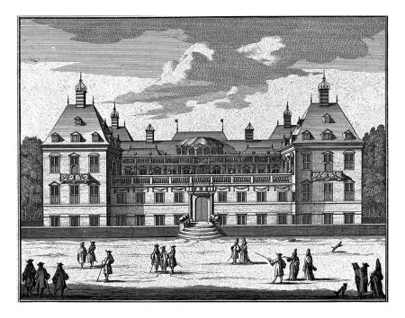 Téléchargez les photos : Honselaarsdijk Palace par derrière, Carel Allard (attribué à), 1689 - 1702 Façade arrière du Honselaarsdijk Palace avec des groupes de marcheurs sur la place derrière le palais. - en image libre de droit