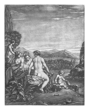 Foto de Ninfas de baño, Pieter Schenk (I), 1670 - 1713 Vista de un paisaje inclinado con varias ninfas tomando un baño en primer plano. Con las ninfas es un putto acariciando a un perro. - Imagen libre de derechos