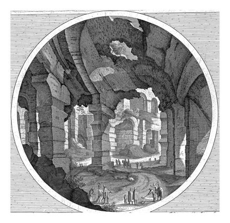 Foto de Coliseo, con golfistas, Hendrick Hondius (I), después de Petrus Stephanus, 1600 Vista del Coliseo con algunos golfistas en primer plano. En el fondo dos hombres en un burro. - Imagen libre de derechos