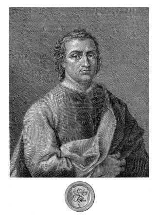 Photo for Portrait of writer and historian Filippo Villani, Gaetano Vascellini, after Giuliano Traballesi, after unknown, 1755 - 1805 Below the portrait a text in Italian and a coat of arms in a circular frame. - Royalty Free Image