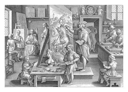 Téléchargez les photos : Peinture à l'huile, Philips Galle (attribué à l'atelier de), d'après Jan van der Straet, c. 1593 - c. 1598 Un peintre travaille avec des huiles sur une représentation de Saint George et le dragon. - en image libre de droit
