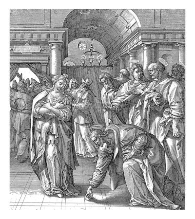 Foto de Cristo y la mujer adúltera, Jerónimo Wierix, después de Maerten de Vos, 1573 - 1619 En el templo de Jerusalén, los fariseos llevan a una mujer sorprendida en adulterio a Cristo. - Imagen libre de derechos