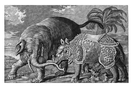 Foto de Elefante y rinoceronte, Pieter van den Berge, 1686 - 1696 Un elefante y un rinoceronte se alzan en un paisaje con palmeras y arbustos. - Imagen libre de derechos
