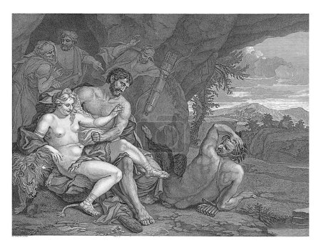 Téléchargez les photos : Paysage avec Hercule et Omphale, Matthijs Pool, d'après Barend Graat, 1696 - 1727 L'efféminé Hercule et la Reine Omphale, avec les attributs d'Hercule, se caressent. - en image libre de droit