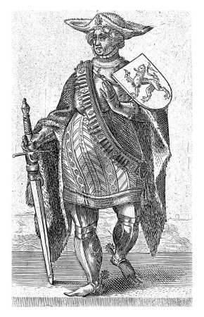 Foto de Retrato de Floris II, conde de Holanda, Adriaen Matham, 1620 Retrato de Floris II, conde de Holanda, de pie en armadura con el escudo de armas de Holanda en el hombro y una espada en la mano. - Imagen libre de derechos