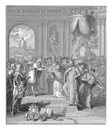 Téléchargez les photos : Le pape et l'empereur échangent des privilèges, Balthasar Bernards, après Adolf van der Laan, 1711-1737 Le pape et l'empereur et leur cour sont réunis dans un palais. - en image libre de droit