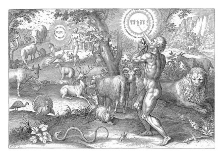 Création d'Adam, Johann Sadeler (I), d'après Crispijn van den Broeck, 1639 La création d'Adam. Un tétragramme comme symbole de Dieu insuffle la vie à Adam nu.