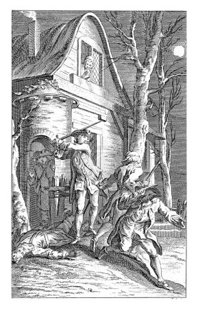 Foto de Thomas Jones ahuyenta a los villanos, Jan Punt, después de Hubert Francois Gravelot, 1749 El dueño de la casa que acaba de llegar a casa ha sido atacado por villanos.. - Imagen libre de derechos
