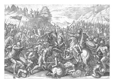 Foto de Guerra con los amalecitas, Johann Sadeler, después de Crispijn van den Broeck, 1579 En primer plano el pueblo judío está luchando contra el ejército de los amalecitas. Al fondo de una colina Moisés, Aarón, Hur. - Imagen libre de derechos
