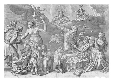 Téléchargez les photos : Allégorie de la bonne mort de l'homme, Hieronymus Wierix, d'après Ambrosius Francken (I), d'après Willem van Haecht (I), d'après Godefried van Haecht, 1563 - avant 1619 Un vieil homme se couche sur son lit de mort. - en image libre de droit