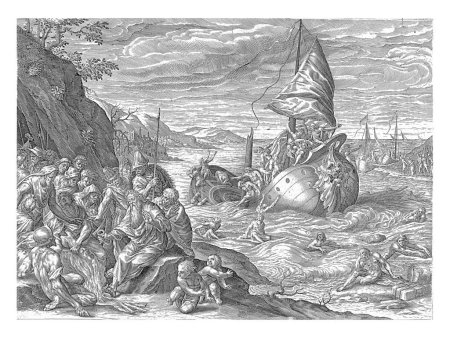 Foto de Paulus en Malta, Harmen Jansz Muller, después de Dirck Barendsz., 1586 - 1590 Durante el viaje a Roma, el barco de Paulus es naufragado frente a la costa de Malta. - Imagen libre de derechos