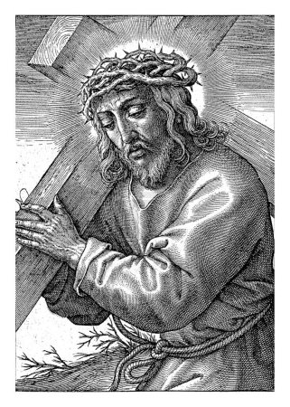Foto de Llevando la cruz, Jerónimo Wierix, 1563 - 1619 Cristo lleva la cruz sobre su espalda al Calvario. En los márgenes una cita bíblica de dos líneas de Mat. 10 en latín. - Imagen libre de derechos