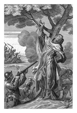Foto de Martirio de Henricus Turck, Gaspar Bouttats, 1650 - 1695 El martirio del sacerdote Henricus Turck. En primer plano el sacerdote está atado a un árbol. - Imagen libre de derechos