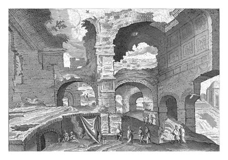Foto de Vista de las ruinas de los baños de Caracalla, Hendrick van Cleve, 1585 Vista de las ruinas de los baños de Caracalla, desde el interior. Algunos excursionistas en primer plano. A la izquierda una familia de vagabundos. - Imagen libre de derechos