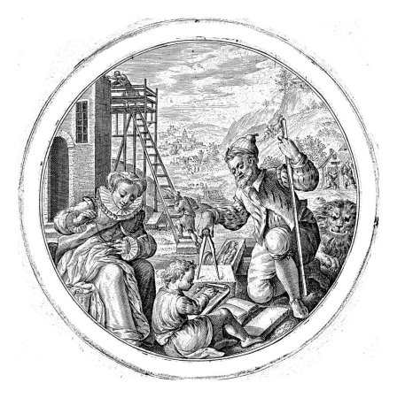 Foto de El hombre a la edad de cuarenta años, Crispijn van de Passe (I), 1574 - 1637 Un arquitecto se arrodilla y dibuja con su brújula, en su mano izquierda sostiene un instrumento de medida. - Imagen libre de derechos