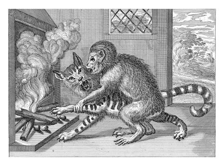 Photo for Monkey forces a cat to take the chestnuts out of the fire, Jacob Gole, after Jan Griffier (I), after Francis Barlow, 1680 - 1723 In a room, a monkey holds a cat's paw by the fire of the hearth. - Royalty Free Image