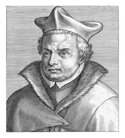 Photo for Portrait of Augustinus Hunaeus, Leuven professor of theology. Bust to the left. The print has a Latin top and caption and is part of a series by famous Dutch and Flemish scholars. - Royalty Free Image
