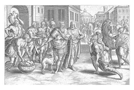 Foto de Urías recordado de la guerra por David, Johann Sadeler (I) (atribuido a), después de Marten van Cleve (I), 1596 - 1643 El rey David recordó a Urías, el marido de Betsabé, de la guerra. - Imagen libre de derechos