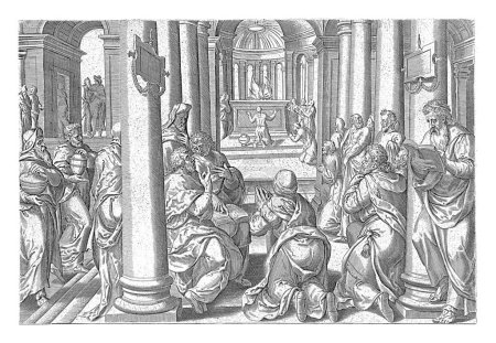 Téléchargez les photos : Nouvel autel consacré, Johannes Wierix, d'après Gérard van Groeningen, 1579 Le nouvel autel dans le temple de Jérusalem est consacré, tandis que les Israélites chantent. - en image libre de droit