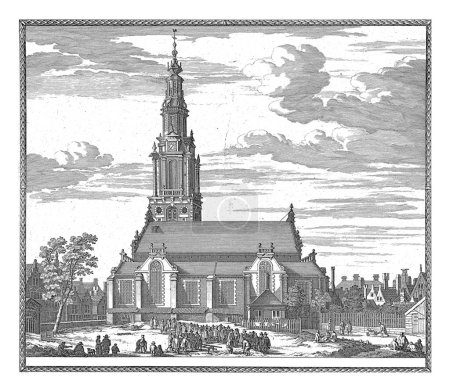 Foto de Vista del Zuiderkerk en Amsterdam, Pieter Hendricksz. Schut, 1662 - 1720 Vista del Zuiderkerk en Ámsterdam. Se cava una tumba en el cementerio y se celebra una procesión fúnebre.. - Imagen libre de derechos