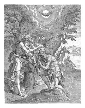Téléchargez les photos : Baptême du Christ, Antonie Wierix (II), d'après Maerten de Vos, 1584 Christ est baptisé par Jean-Baptiste, en présence de deux anges, dans le Jourdain. - en image libre de droit