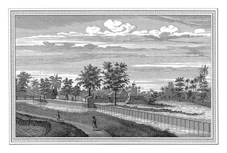 Foto de Vista de Fort Noordwijk en Yakarta, Jacob van der Schley, 1747 - 1779 Vista de un camino rural con la fortificación de Noordwijk con un campanario en el fondo. - Imagen libre de derechos