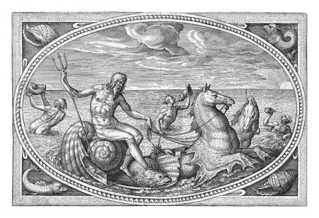 Neptune, Adriaen Collaert, after Philips Galle, 1570 - 1618 In an oval frame the sea with Neptune, in a large seashell, pulled by two hippocampuses (seahorses).