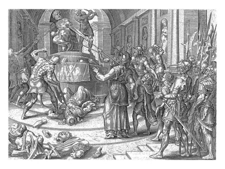 Foto de Destrucción del Templo de Baal, Harmen Jansz Muller, después de Maarten van Heemskerck, 1585 En el Templo de Baal, la gente está derribando los ídolos. - Imagen libre de derechos