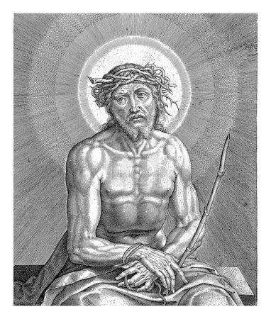 Foto de Cristo con la corona de espinas (Ecce Homo), Jerónimo Wierix, 1563 - antes de 1612 Cristo está sentado en un banco, sus manos atadas, y en su cabeza la corona de espinas. - Imagen libre de derechos