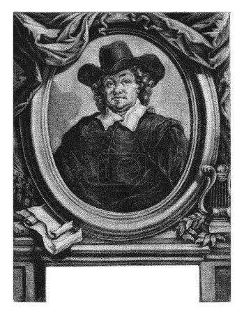 Portrait of Jeremias de Decker, Arnoud van Halen, after Rembrandt van Rijn, 1683 - 1732 The poet Jeremias de Decker. Outside the frame are some sheets of paper, books, a lyre and a laurel wreath.