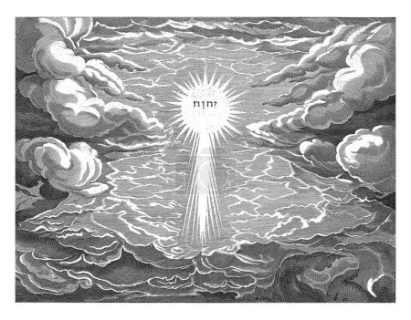 Téléchargez les photos : Création de l'air et de l'eau, Johann Sadeler (I), d'après Maerten de Vos, 1639 Sous forme de tétragramme, Dieu flotte entre le ciel et la mer. - en image libre de droit