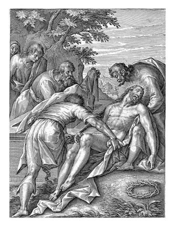 Foto de Entierro de Cristo, Crispijn van de Passe (I), 1574 - 1637 Cristo es puesto en la tumba por José de Arimatea y Nicodemo. En el fondo dos figuras de luto. - Imagen libre de derechos