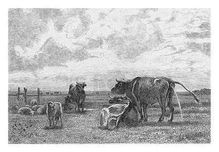 Téléchargez les photos : Paysage avec vaches et moutons, Johann Heinrich Maria Hubert Rennefeld, d'après Constant Troyon, 1842 - 1877 - en image libre de droit