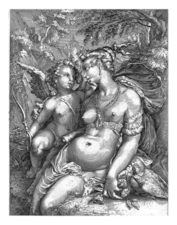 Téléchargez les photos : Vénus et Amor, Jan Saenredam, d'après Hendrick Goltzius, 1631 Vénus assise près d'un arbre dans un paysage montagneux. A côté d'elle Amor est apparu avec son arc et sa flèche et caresse son menton. - en image libre de droit