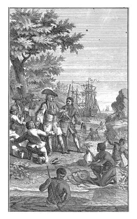 Téléchargez les photos : Pêche Khoi, Abraham Zeeman, 1727 Les hommes européens regardent les poissons Khoi. Navires ancrés en arrière-plan. - en image libre de droit