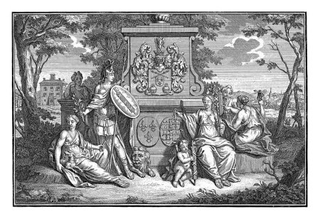 Foto de Representación alegórica en homenaje a Ferdinand van Collen, Frederik Ottens, 1724 Alrededor de un monumento con escudo de armas. - Imagen libre de derechos