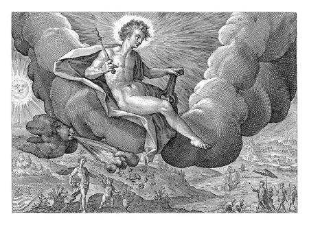 Téléchargez les photos : East Wind, Crispijn van de Passe (I), 1589 - 1611 Couverture nuageuse avec le dieu Apollon comme personnification du vent d'Orient (Eurus). Il tient un sceptre et une lyre dans ses mains et est accompagné par Ortus. - en image libre de droit