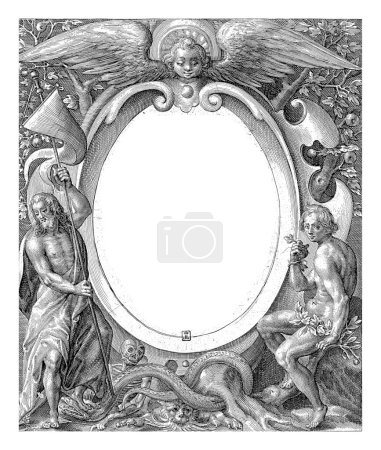 Téléchargez les photos : Christ et Adam, Crispijn van de Passe (I), 1616 Cadre ovale couronné d'un chérubin au titre latin. Le cadre est flanqué du Christ . - en image libre de droit
