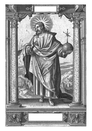 Téléchargez les photos : Christ comme Sauveur Mundi, Dietrich Kruger, 1614 passage biblique Mat. 28 : 18 dans le cartouche en bas de l'estampe, gravé vintage. - en image libre de droit