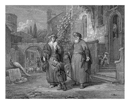 Foto de Agar e Ismael rechazados por Abraham, Reinier Vinkeles (I), después de Gerbrand van den Eeckhout, 1751 - 1816 Abraham se para frente a su casa y envía a Agar e Ismael lejos. - Imagen libre de derechos